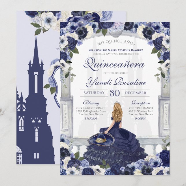 Blue Roses Elegant Charro Princess Quinceañera Invitation (Front/Back)