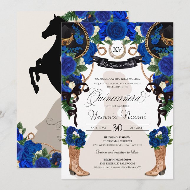 Blue Roses Elegant Western Charro Quinceañera Invitation (Front/Back)