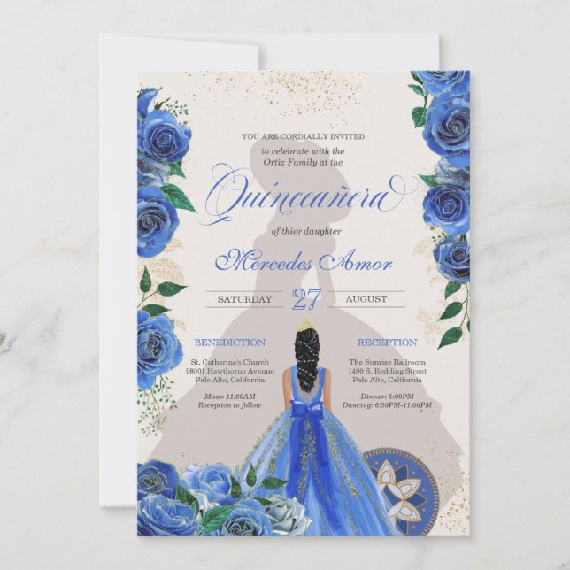 Blue Roses Fancy Quinceanera Western Charro Invita Invitation (Front)