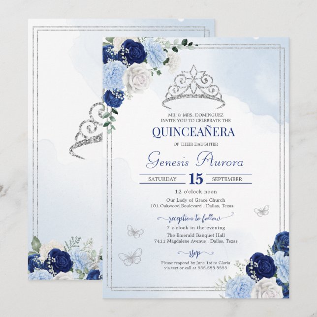 Blue Roses Floral Butterfly Quinceañera Invitation (Front/Back)