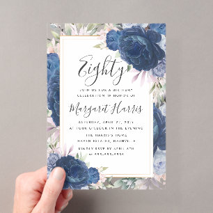 Blue Roses Floral Gold Frame 80th Eighty Birthday Acrylic Invitations