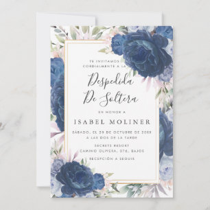 Blue Roses Floral Gold Spanish Bridal Shower Invitation