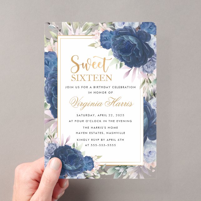 Blue Roses Floral Sweet Sixteen 16 Birthday Acrylic Invitations (Insitu (Handheld))