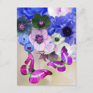 BLUE ROSES, FLOWERS AND BUTTERFLIES ,Floral Easter Postcard