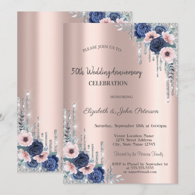 Blue Roses Glitter Drips Rose Gold Anniversary Invitation (Front/Back)