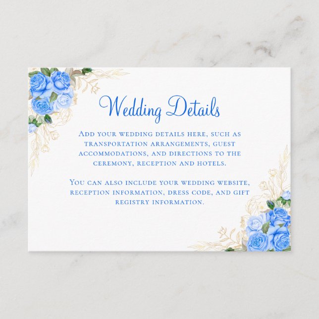 Blue Roses Gold Floral Wedding Enclosure Card (Front)