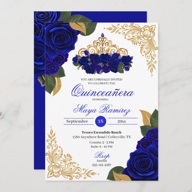 Blue Roses Gold Glitter Frames Tiara Quinceañera  Invitation (Front/Back)