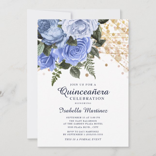 Blue Roses Gold Glitter String Lights Quinceañera Invitation (Front)