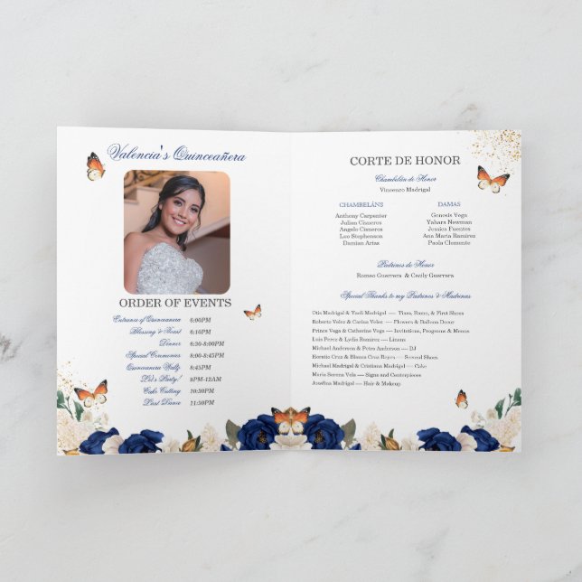 Blue Roses Gold Tiara Butterfly Quinceanera Program (Inside)