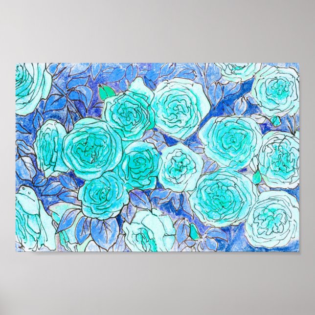 Blue Roses, Green Leaves Rose Garden Summer Flower Poster (Front)