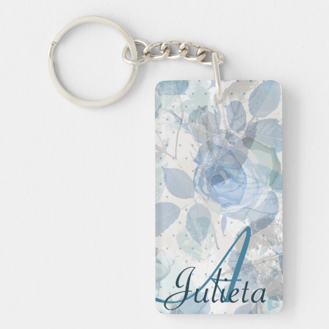 Blue Roses grunge design Monogram Keychain (Front)