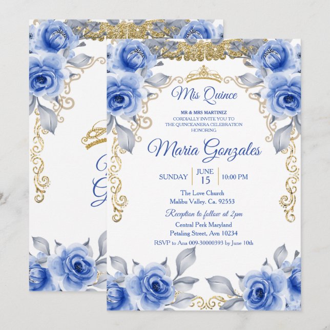Blue Roses Mexican Mis Quince Princess Quinceanera Invitation (Front/Back)