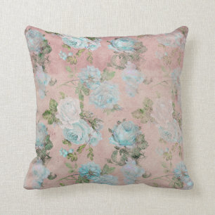 Blue Roses on Blush Pink Throw Pillow