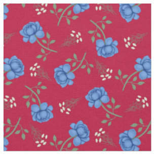 Blue Roses on Red Calico Fabric