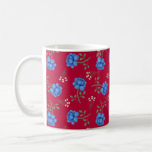 Blue Roses on Red Oversized Calico Coffee Mug