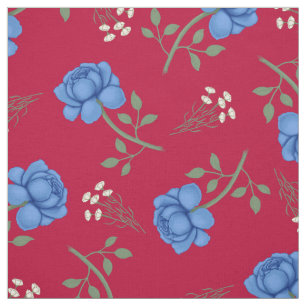 Blue Roses on Red Oversized Calico Fabric