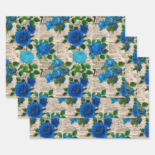 Blue Roses on Vintage Newsprint Wrapping Paper Sheet