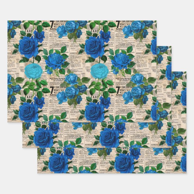 Blue Roses on Vintage Newsprint Wrapping Paper Sheet (Set)