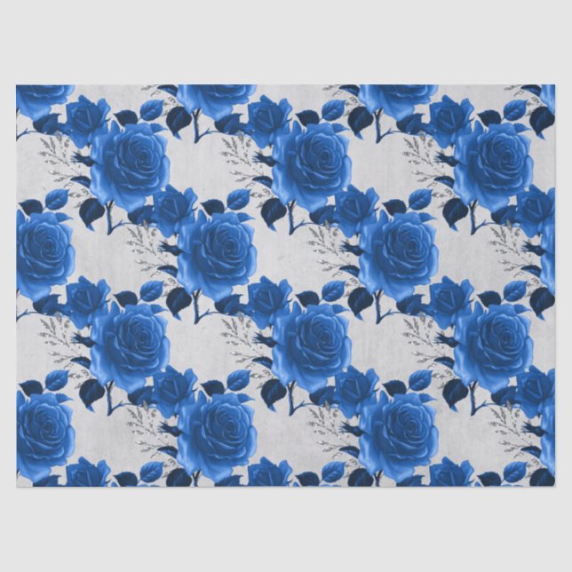Blue Roses on White Decoupage Tissue Paper (Front)