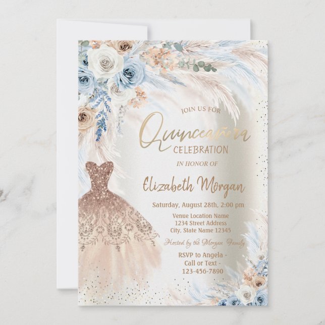 Blue Roses Pampas Grass Dress Quinceanera Invitation (Front)