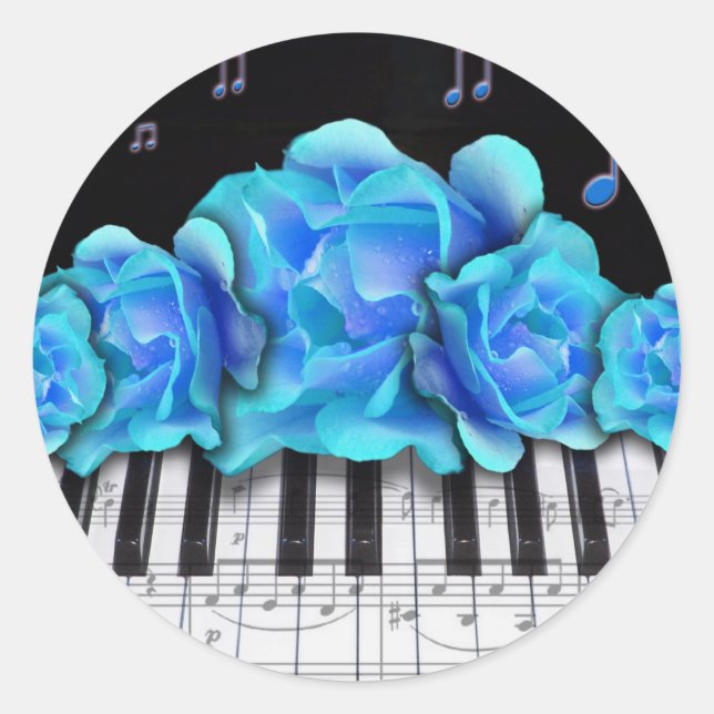 Blue Roses Piano Keyboard and Music Notes Classic Round Sticker (Front)