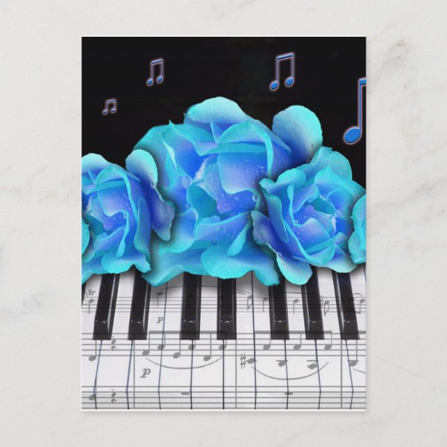 Blue Roses Piano Keyboard and Music Notes Postcard (Front)