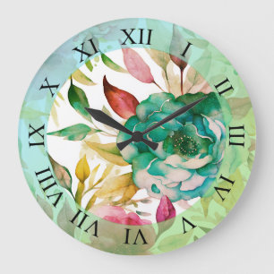 Blue Roses Purple Watercolor Blooms Large Clock