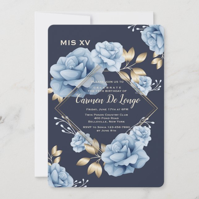 Blue Roses Quinceañera Invitation (Front)