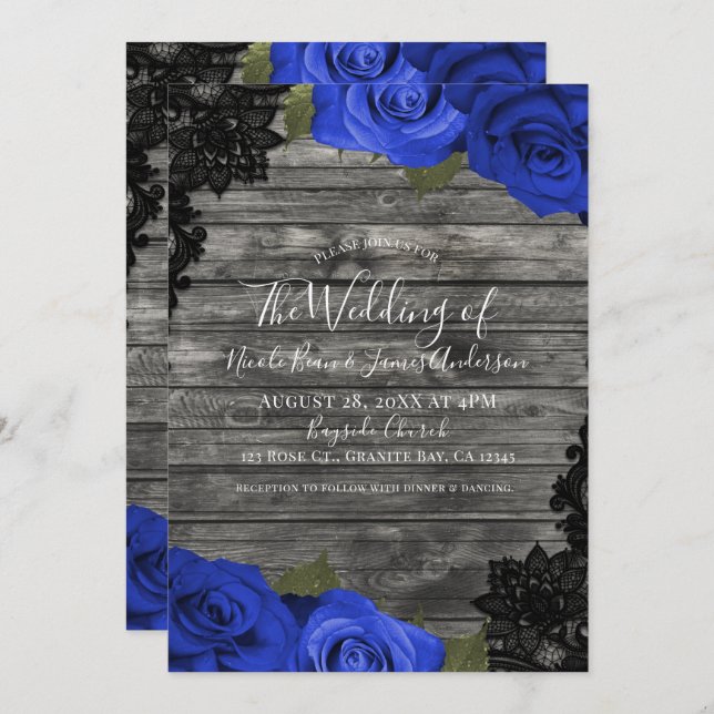 Blue Roses Rustic Wood Black Lace Wedding Invitation (Front/Back)
