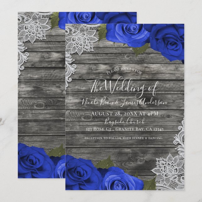 Blue Roses Rustic Wood White Lace Wedding Invitation (Front/Back)