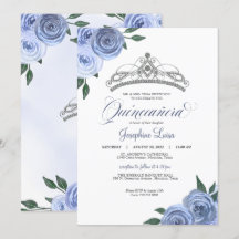 Blue Roses Silver Floral Quinceañera Birthday Invi