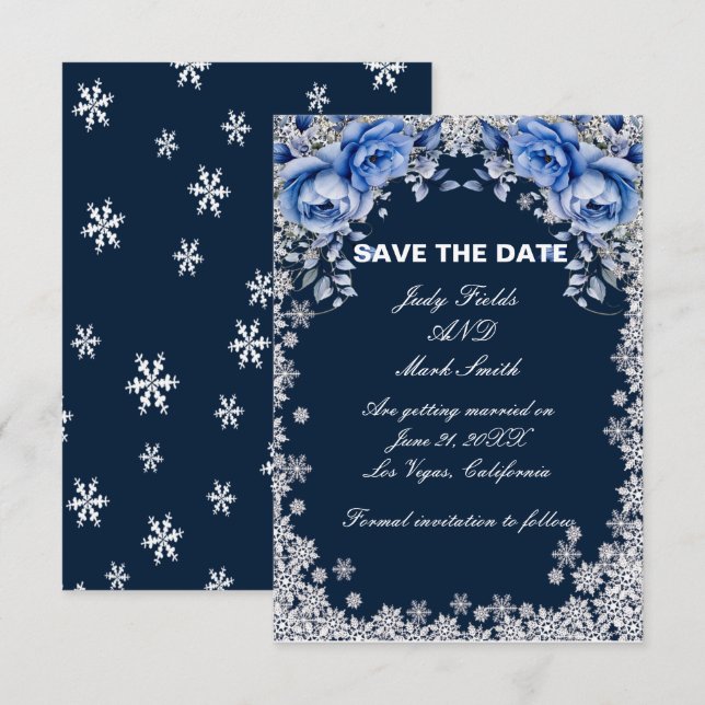 Blue Roses Snowflake Christmas Save The Date Card (Front/Back)