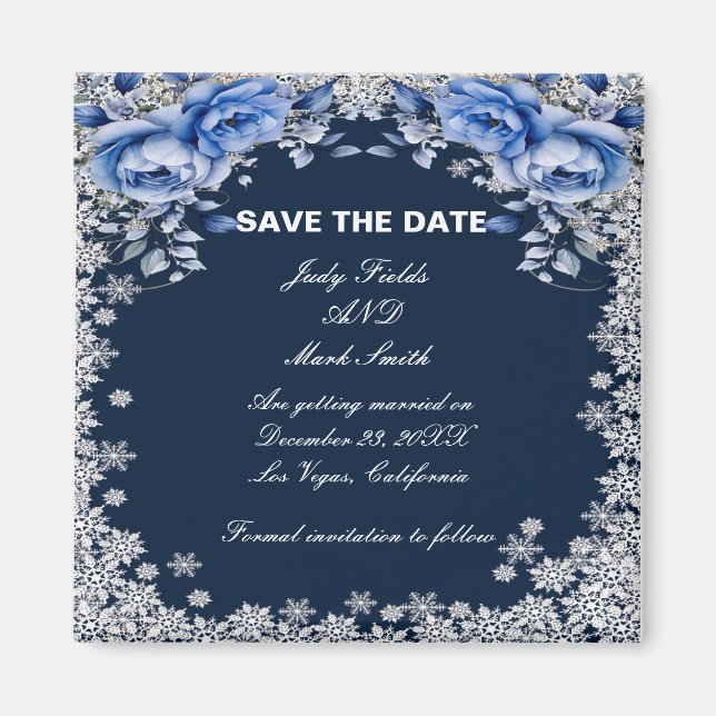 Blue Roses Snowflake Christmas Save The Date Magnet (Front)