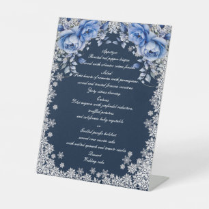 Blue Roses Snowflake Christmas Wedding Menu Pedestal Sign