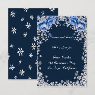 Blue Roses Snowflake Christmas Wedding Reception Invitation