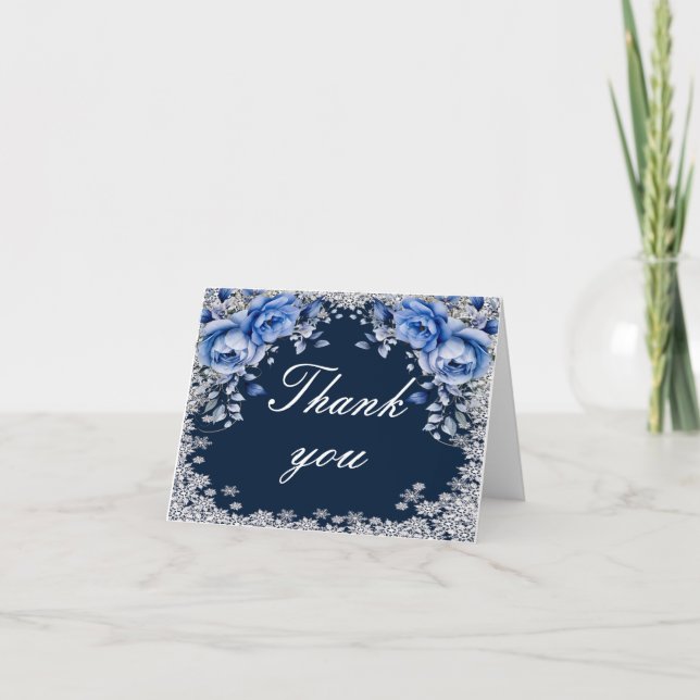 Blue Roses Snowflake Christmas Wedding Thank You Card (Front)
