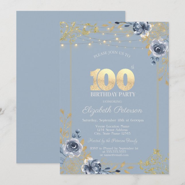 Blue Roses String Lights Dusty Blue 100th Birthday Invitation (Front/Back)