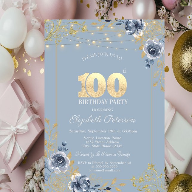Blue Roses String Lights Dusty Blue 100th Birthday Invitation (Creator Uploaded)