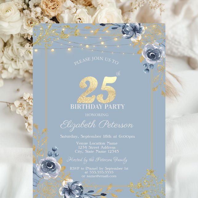 Blue Roses String Lights Dusty Blue 25th Birthday Invitation (Creator Uploaded)