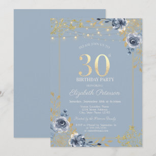 Blue Roses String Lights Dusty Blue 30th Birthday Invitation