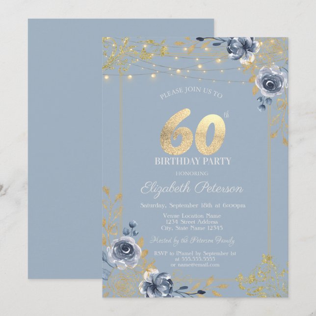 Blue Roses String Lights Dusty Blue 60th Birthday Invitation (Front/Back)