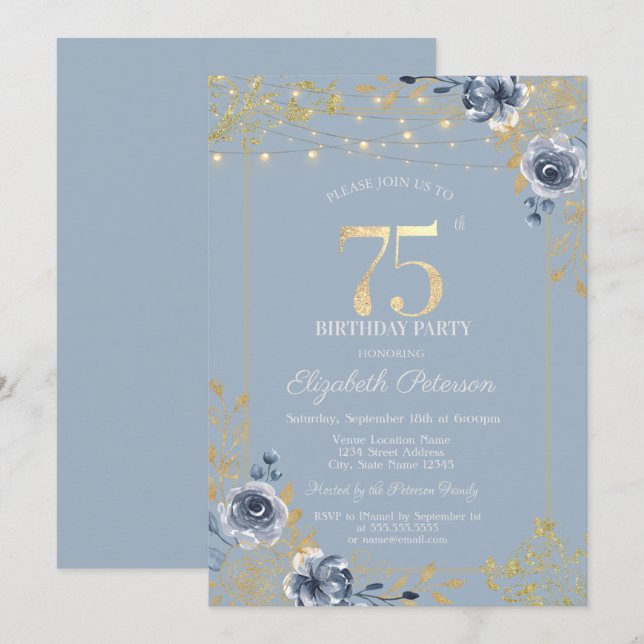 Blue Roses String Lights Dusty Blue 75th Birthday Invitation (Front/Back)