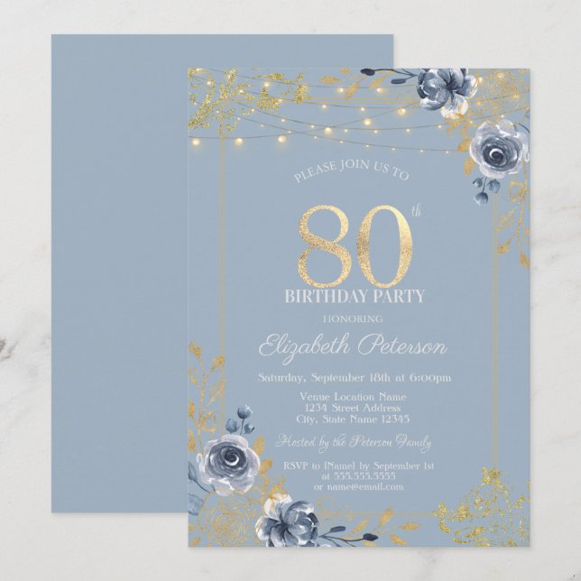 Blue Roses String Lights Dusty Blue 80th Birthday Invitation (Front/Back)