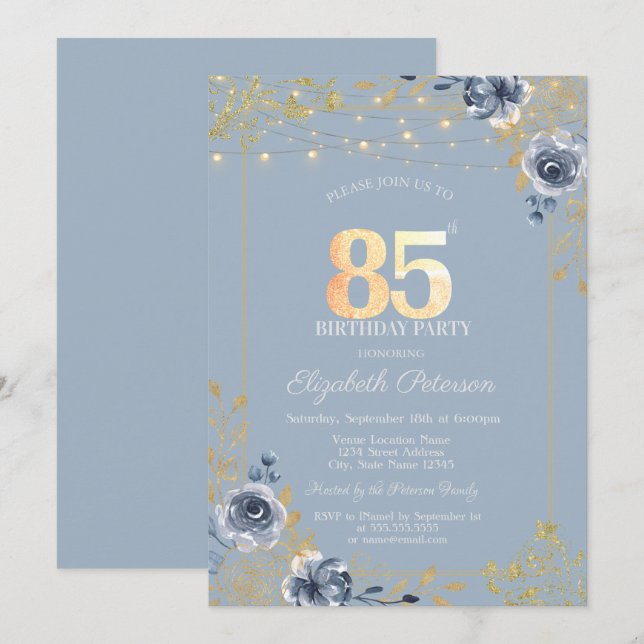 Blue Roses String Lights Dusty Blue 85th Birthday Invitation (Front/Back)