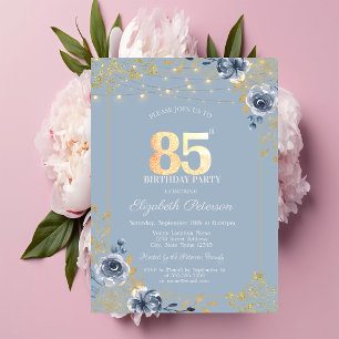 Blue Roses String Lights Dusty Blue 85th Birthday Invitation