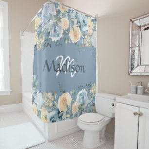 Blue Roses Trendy Girly Monogram Shower Curtain