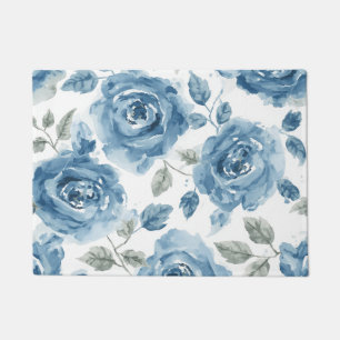Blue Roses Watercolor Botanical Blooms Floral Doormat