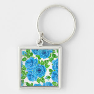 Blue roses watercolor seamless pattern keychain