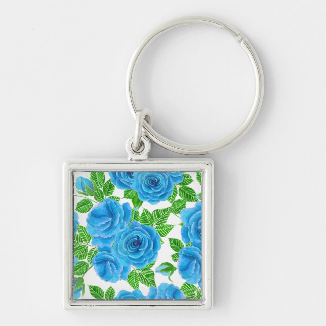 Blue roses watercolor seamless pattern keychain (Front)