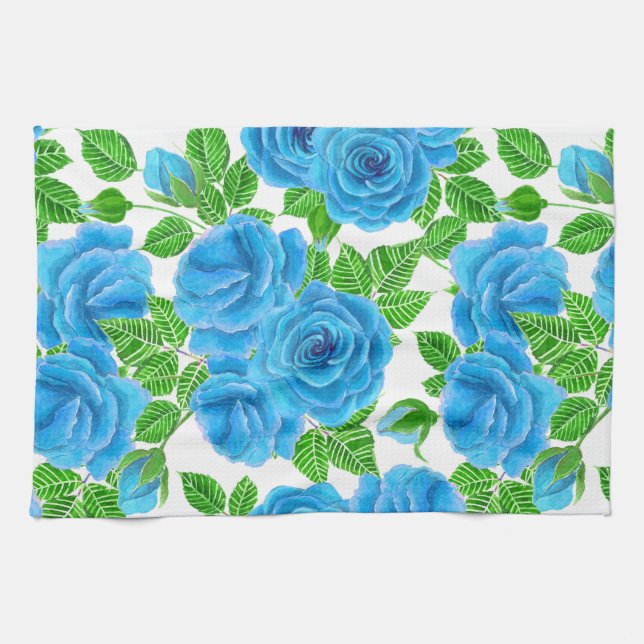 Blue roses watercolor seamless pattern kitchen towel (Horizontal)